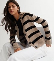 New Look Light Brown Stripe Knit Collared Button Front Cardigan